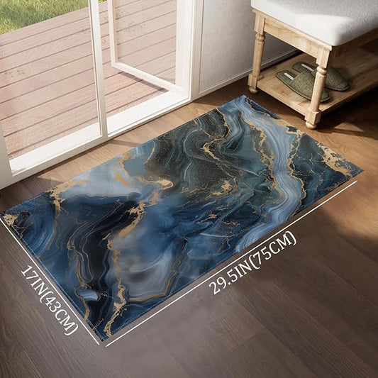 Marble Indoor Door Mat,Blue Gold Cracked Lines Floor Doormat,17x29.5in,Non Woven Non Slip Rubber Backing Abstract Marbles Rug for Porch Insider,Bedroom,Kitchen,Doormats Gifts,Rv Camper Decor
