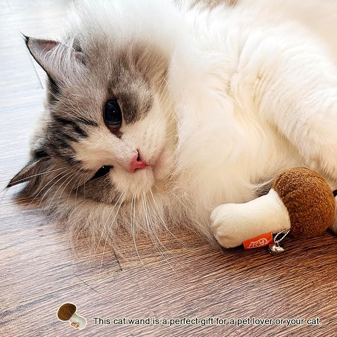 TTcat Cat Wand Toy for Indoor Cats, Wood Cat Stick Toy with Mushroom Catnip Toy,Interactive Cat Toy.