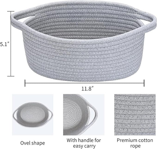 ABenkle Small Basket, 12"x 8" x 5" Cute Small Woven Basket, Rope Room Shelf Storage Basket, Cat Dog Toys Basket Chest Box, Decorative Empty Gift Basket with Handles - All Gray