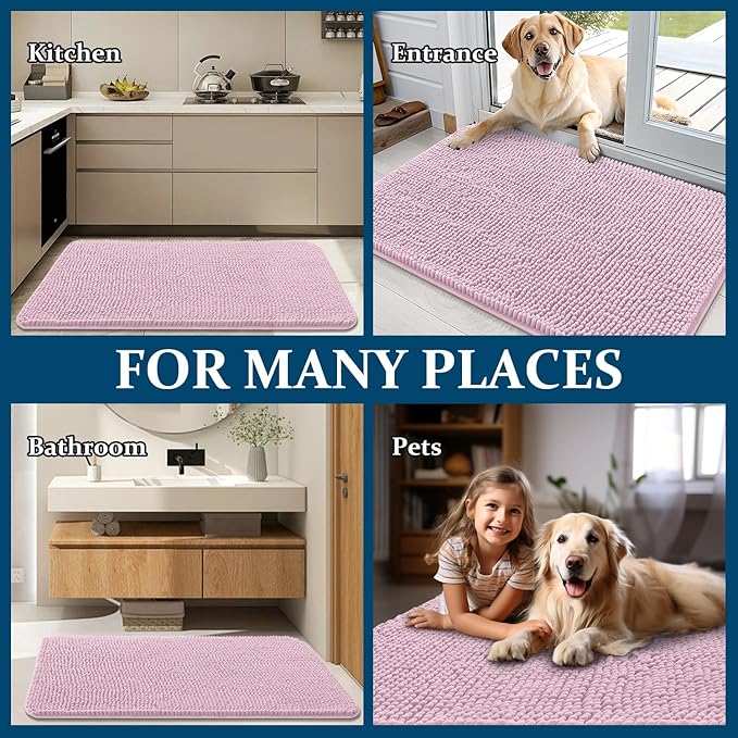 OLANLY Dog Door Mat for Muddy Paws 47x20, Absorbs Moisture and Dirt, Absorbent Non-Slip Washable Doormat, Quick Dry Chenille Mud Mat for Dogs, Entry Indoor Entryway Carpet for Inside Floor, Dusty Rose