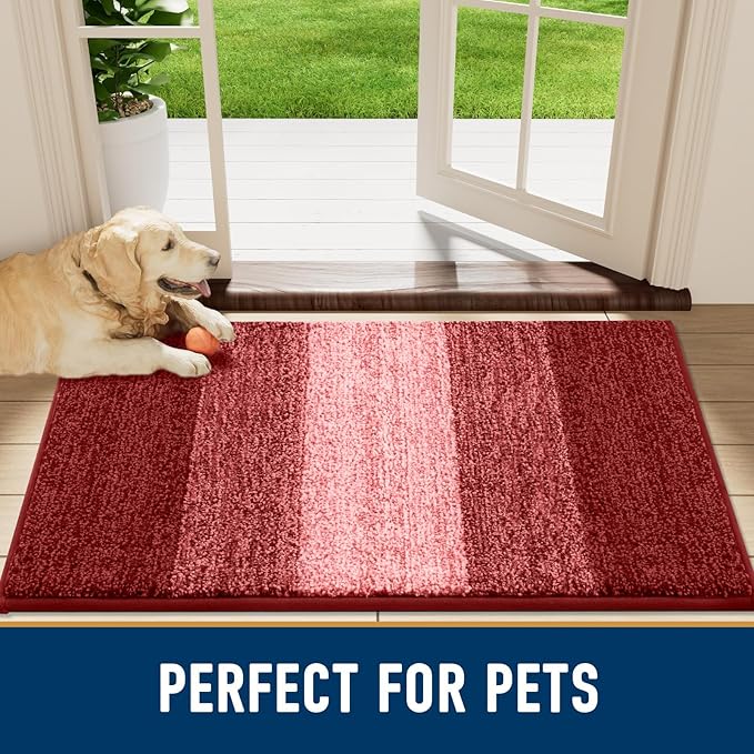 Smiry Dog Door Mat for Muddy Paws, Absorbs Moisture and Dirt, Low-Profile Entryway Mat with Non-Slip Backing, Entry Indoor Outdoor Doormat for Inside Floor (48x32 Inches, Burgundy, Striped)
