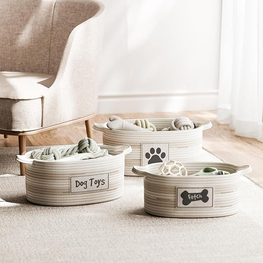 RGI Home Dog Toy Storage Baskets – Set of 3 Oval Fabric Rope Organizer Bins for Pet and Household Storage, Multi-Sized with Easy-Carry Handles, Durable and Stylish, Charcoal Gray on Ivory