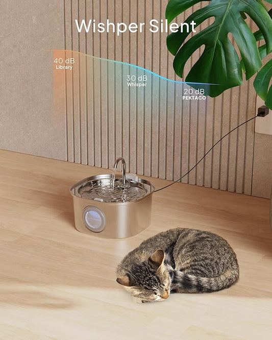 PEKTACO Stainless Steel Cat Water Fountain, 3.2L/108oz Cat Water Dispenser with Quiet Water Pump, Dishwasher Safe Pet Drinking Fountain for Cats with 6 Filters + 6 Sponges