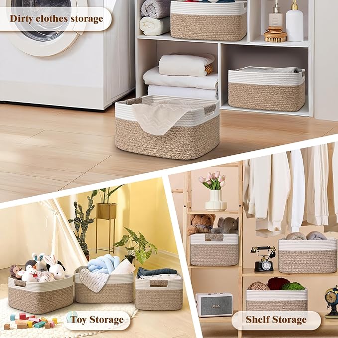 4 Pack Large Storage Basket for Organizing, 17.5"x13"x7" Woven Basket for Shelves, Closet Cube Storage Bins with Wrapped Handle, Cotton Rope Baskets for Kitchen, Clothes, Toys(Off White & Brown)