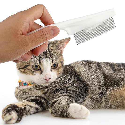 TIESOME 2PCS Stainless Steel Flea Comb for Dogs Cats, Tear Stain Remover Promotes Hair Growth Removes Loose Hair Fleas Dual-Size Grooming Brush for All Breeds(White)