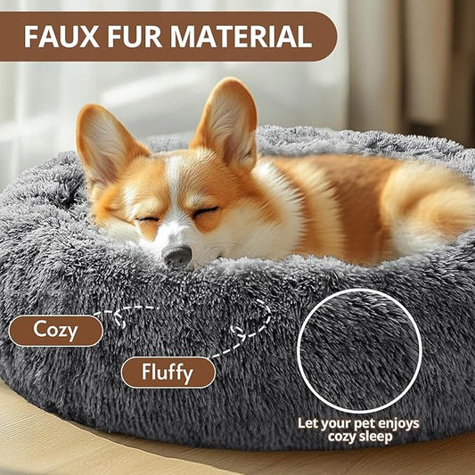 JOLLYVOGUE Calming Dog Beds Large Sized Dog, 36in Donut Washable Large Pet Bed, Anti-Slip & Anti-Anxiety Fluffy Faux Fur Round Dogs Bed, Fits up to 80 lbs Pets (Smoke Black)