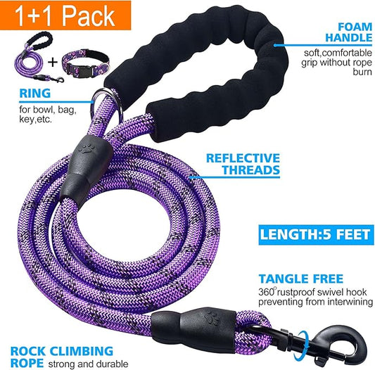 Reflective Dog Collar Padded with Soft Neoprene Breathable Adjustable Nylon Dog Collars for Small Medium Large Dogs (Small (Pack of 1), Purple/Pink Floral Collar+Leash)