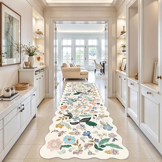 Washable 4x12 Wide Area Rug: Hallway Soft Floral Scalloped Carpet Water Resistant Non-Slip Runner Rug for Entryway Kitchen Dining Room Low Pile Floor Mat for Living Room Bedroom Nursery(4x12,Cream)