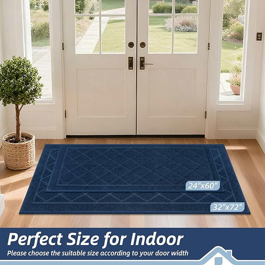 BEQHAUSE Dirt Trapper Door Mat 32" x 72", Doormat Non-Slip Entryway Rugs Washable, Dog Door Mat Stain Resistant and Absorbent Welcome Floor Mat for Front Back Door, Mud Wet Shoes & Paws, Navy Blue