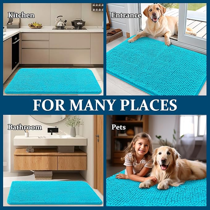 OLANLY Dog Door Mat for Muddy Paws 34x21, Absorbs Moisture and Dirt, Absorbent Non-Slip Washable Doormat, Quick Dry Chenille Mud Mat for Dogs, Entry Indoor Entryway Carpet for Inside Floor, Aqua Blue