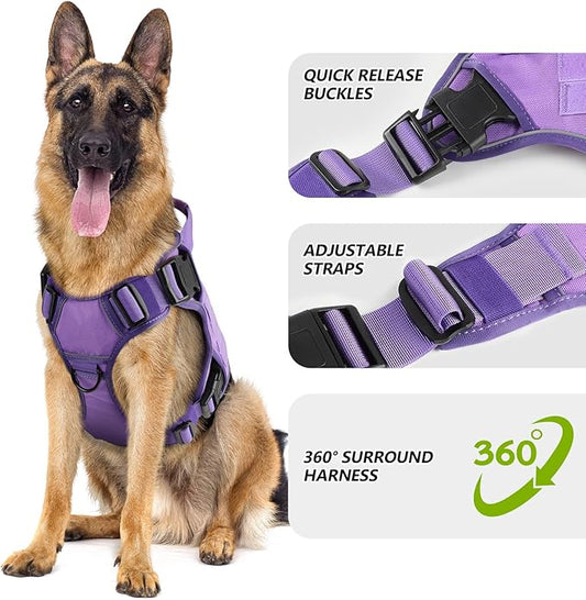 WINGOIN Purple Tactical Dog Harness for Medium Dogs, Heavy Duty No Pull Dog Harness with Handle, Adjustable Reflective Military K9 Pet Vest for Pitbull, Female, Male, Walking, Training, Hunting (M)