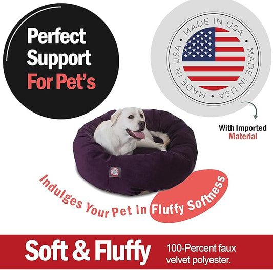 Majestic Pet 40 Inch Micro Velvet Calming Dog Bed Washable – Cozy Soft Round Dog Bed with Spine for Head Support - Fluffy Donut Puppy Mat 40x29x9 (inch) Large – Aubergine (2025)