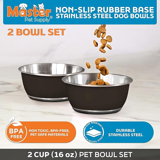 Master Pet Supply Stainless Steel Dog Bowls Set of 2 (16 Oz Each) with Non-Slip Rubber Base - Black Velvet - Basic Dog Food Bowl Water & Food Bowls for Small Medium Large Dogs & Cats, Metal Dish