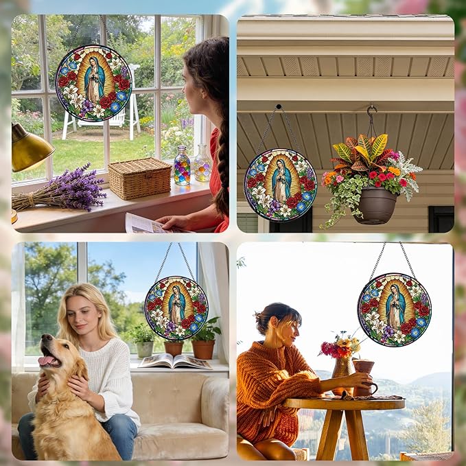 Stained Glass Window Hanging, Our Lady of Guadalupe Sun Catcher Gift, Religious Christian Gifts for Wall Art Landscape Hanging Home Decor 8 Inch