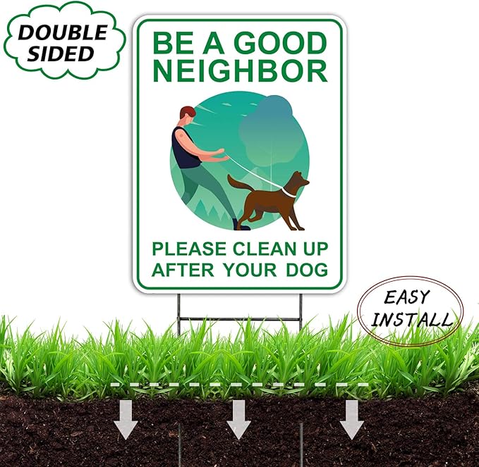 Clean Up After Your Dog Signs (2 Pack, 9 x 12") With Metal H-Stakes, Double Sided,No Dog Poop Lawn Signs,Outdoor & Sturdy