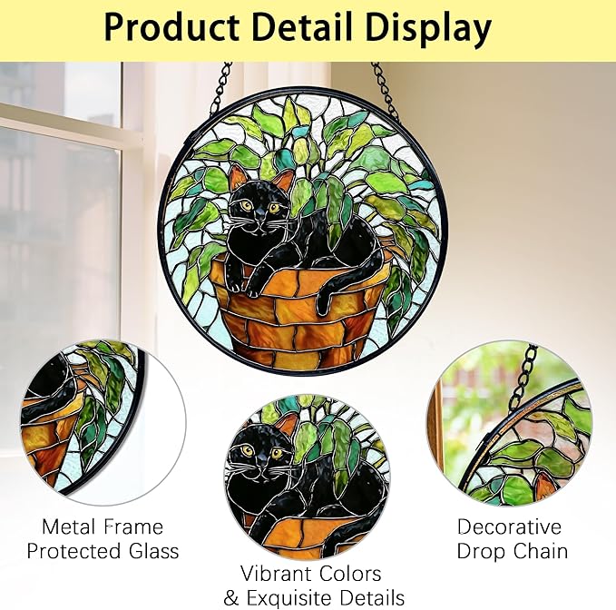 TNUW Black Cat Plant Stained Glass Window Hanging, Black Cat Botanical Sun Catchers Indoor Window Glass Round Wall Art Decor, Wall Hanging Decorations, 7.9"x7.9"