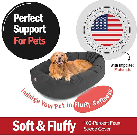 Majestic Pet Suede Shredded Memory Foam Mix Calming Dog Bed Washable - Cozy Soft Round Dog Bed with Spine for Head Support - Fluffy Donut Dog Bed, 40 Inch, Gray