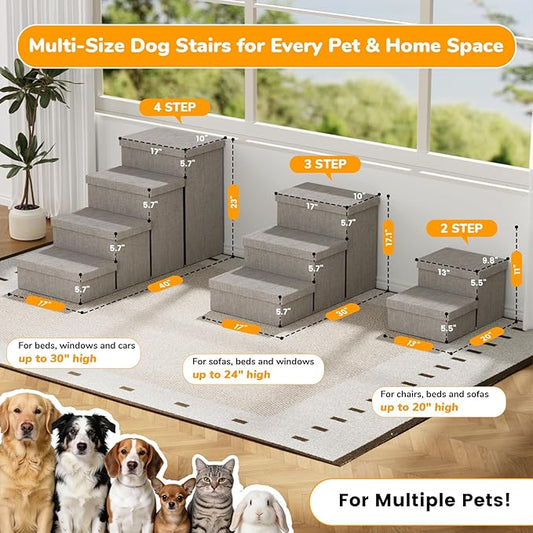 4-Step Wide Dog Stairs with Storage 23" H, Non-Slip Sturdy Pet Steps for High Bed Couch Window, Pet Stairs for Small/Medium/Large Old Dogs Cats Up to 220lbs, Cat Dog Steps for Car/SUV, Grey