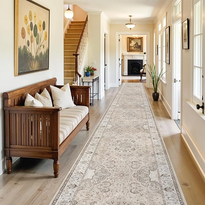 Washable Hallway 3x18 Runner Rug: Vintage Ultra Soft Non Slip Runner for Kitchen Entrance Indoor Farmhouse Long Carpet for Living Room Bathroom Low Pile Floor Mat for Bedroom Dining Room (3X18, Beige)