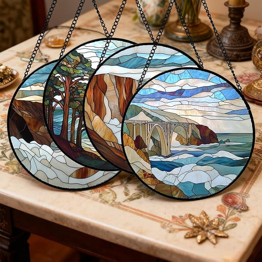 Stained Glass Window Hanging 4 Pcs Set Ocean Waves Large 15" - Blue and White Sea Suncatcher Door Garden Sun Catcher Decor Birthday Christmas for Mom Woman Nana Men