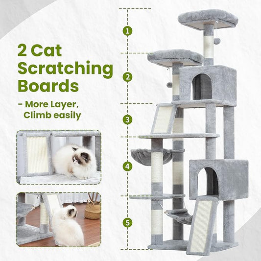 Gitelsnour Cat Tree for Indoor Cats, 71'' (180cm) Multi-Level Cat Tower for Large Adult, Sturdy Cat Tree House with 2 Scratching Boards 7 Posts, 2 Plush Perches/Condos, Hammock, Light Gray GCT032W