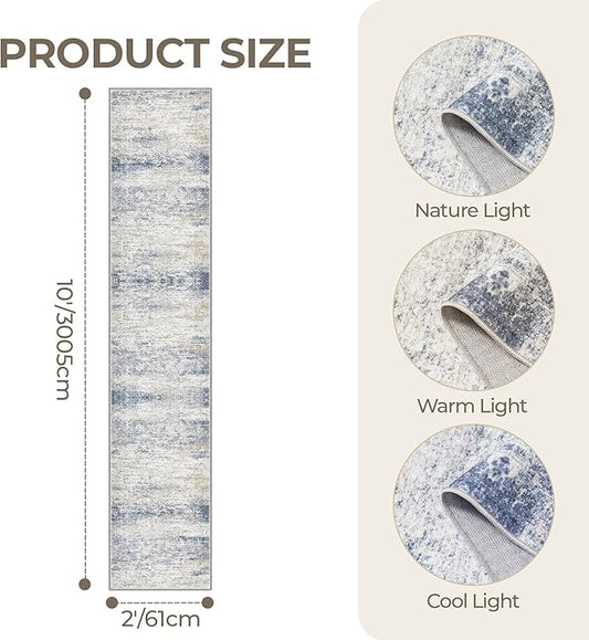 Long Rugs Runner - Washable Runner Rugs for Hallway 2x10, Ultra-Thin Soft Kitchen Carpet Runner, Anti Slip Backing Runner Rugs for Entrance, Bedroom, Living Room(2'x10', Blue/Brown/Ivory)