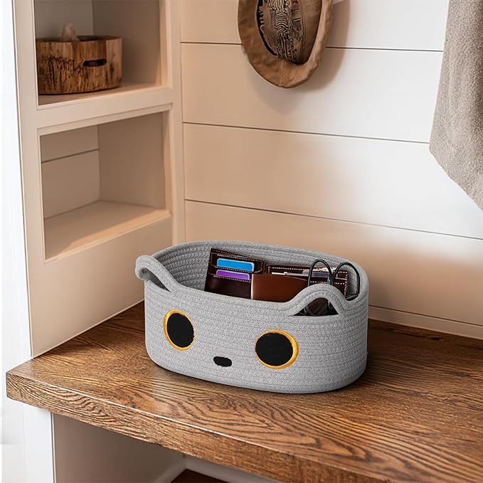 Gray Cat Toy Basket, Small Woven Cat Toy Storage Box with Cute Ears Handle Indoor, Cotton Rope Storage Bin with Embroidered Face for Home Decor, Pet Bed, Nursery Kids Room Organization