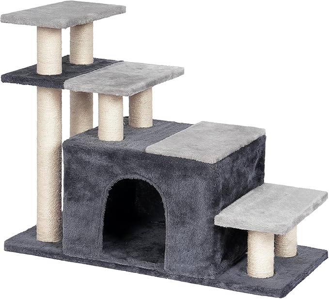 4-Tier Cat Stairs for High Bed with 22'' Cat Scratching Post, Pet Steps for Doggies Rabbit Ferret, Adjustable Cat Cave, Grey, Extra Large