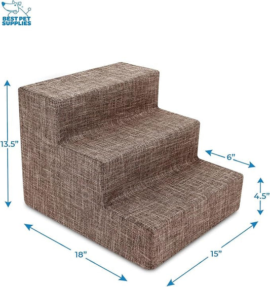 Best Pet Supplies Dog Stairs & Steps - Foam Steps for Small Dogs & Cats, Non-Slip Indoor Balanced Pet Step Support, Dog Ramp, No Assembly, Brown Linen, 3-Step (13.5-inch Height)