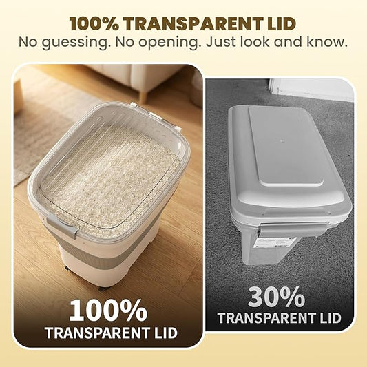 25-40Lbs Rice Container,Collapsible Food Storage Containers with Airtight Clear Lid,Wheels,Rice Storage Container with Small Bin and Scoop,Rice Dispenser for Flour Sugar Cereal Grain Dog Cat