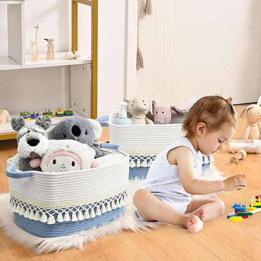 2 Pack Storage Basket, Heavy Tassel Woven Baskets for Storage, Boho Cotton Rope Storage Bin, Cube Organizer Bins, Baby Laundry Basket for Clothes, Toys, Diapers, Pets(White & Blue)