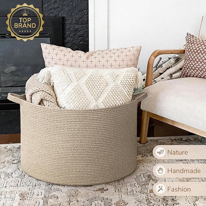 INDRESSME 115L Extra Large Woven Blanket Baskets for Storage, Toy Organizers and Storage Rope Baskets for Boys Girls Kids,Burr Basket Storage Bins for Decor Laundry Shoe, Brown