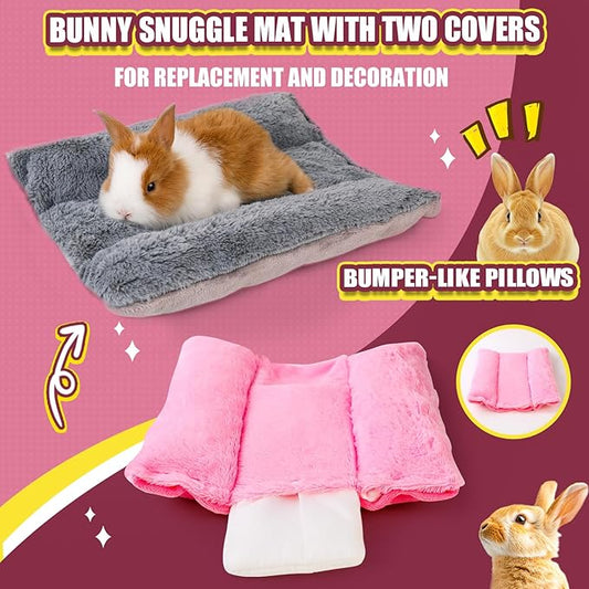 Rabbit Bed - Reversible Small Pet Mat with Two Removable Washable Covers, Snuggle Bed for Rabbits and Adult Guinea Pigs, Pink and Dark Gray Respectively