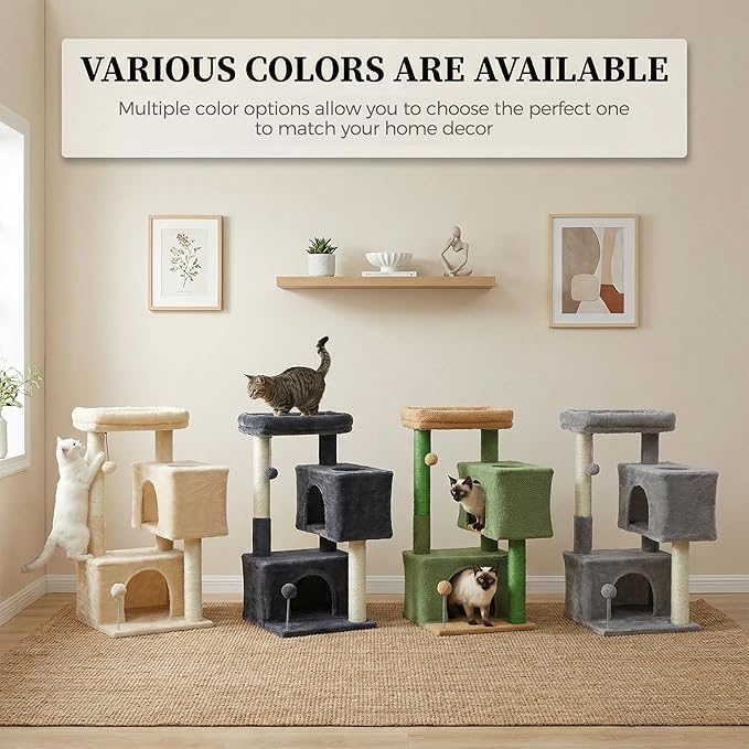 32" Cat Tree Tower for Indoor Cats - 2 Cozy Condos, Multi-Level Cat Scratching Posts with Sisal, Soft Padded Perch, 2 Dangling Toys, Beige