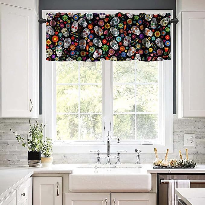 Mexican Style Valances Curtain for Kitchen, Day of The Dead Sugar Skull Pattern Window Treatment Valances Short Curtains Rod Pocket Drape for Dining Room Home Decor, 54x18inch