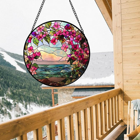 Stained Glass Window Hanging, Purple Flower Landscape Wreath Sun Catcher for Door Home Decor Plants Suncatcher Christmas Mother's Day Birthday Gifts for Women Men Mom Nana 11.8 in