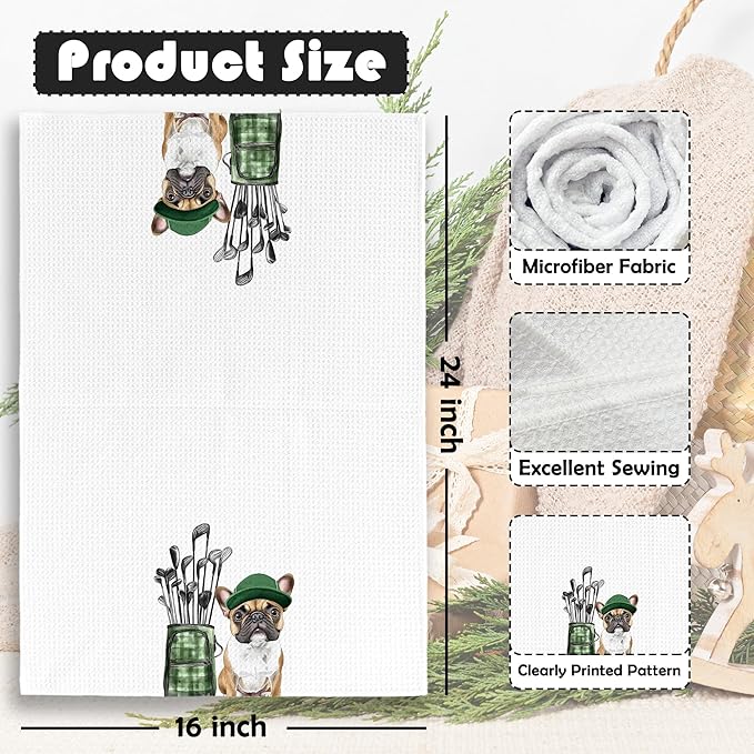 Golf Dog Kitchen Towels - French Bulldog Dish Towels, Sports Gifts, Pet Golf Club Decorative Absorbent Dishcloths Hand Towels Set of 2 for Spa Kitchen Gym Decor 16x24 Inches