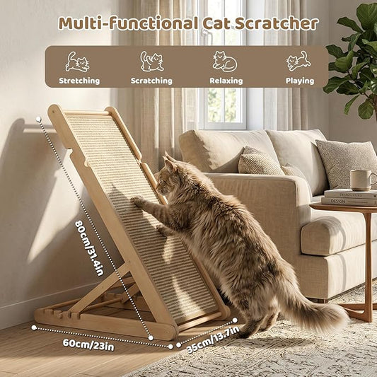 XiaZ Sisal Cat Scratcher, 31" Wooden Cat Scratching Board with 5 Adjustable Heights, Replaceable Sisal Mat and Angled Scratch Pad for Indoor Cats, Ready to Use, No Assembly Required
