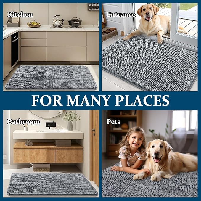 OLANLY Dog Door Mat for Muddy Paws 34x21, Absorbs Moisture and Dirt, Absorbent Non-Slip Washable Doormat, Quick Dry Chenille Mud Mat for Dogs, Entry Indoor Entryway Carpet for Inside Floor, Grey