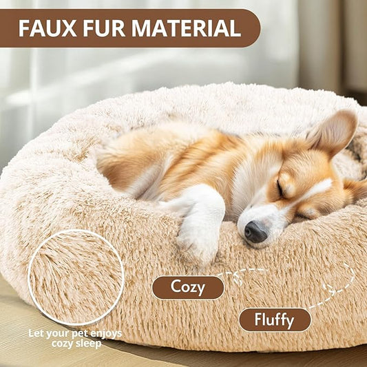 JOLLYVOGUE Calming Dog Bed Medium Size Dog, Anti-Anxiety Donut Medium Pet Bed, 27 inches Fluffy Faux Fur Round Cat Bed (Off White)