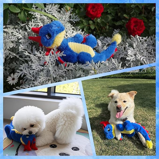 Original Blue Dinosaur Dog Toy - Soft Dog Toys Plush for Small Medium Large Dogs(13.78'') - Cute Dog Squeak Toys with 5 Crinckle Papers & 2 Squeakers