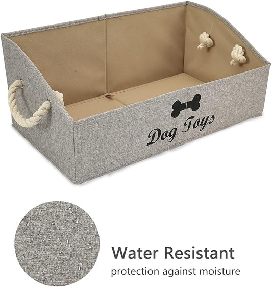 Geyecete Large Dog Toys Storage Bins - Foldable linen Trapezoid Organizer Boxes with weave Rope Handle, Collapsible Basket for Shelves (Light Brown-DOG)
