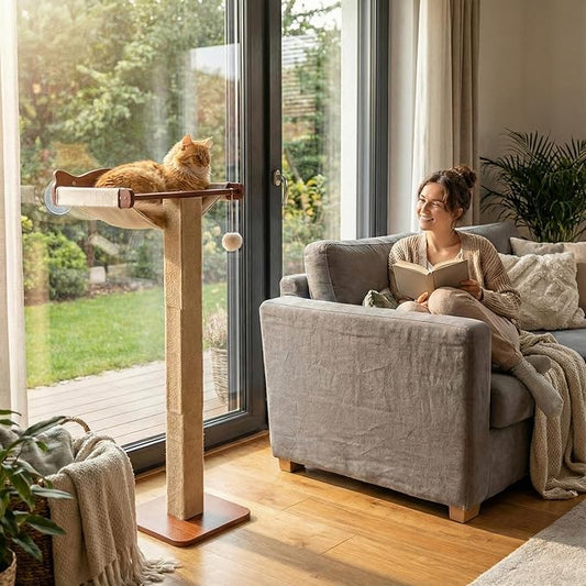 Sintuff Cat Window Perch with Scratching Post Climbing Tree Hammock Mounted with Suction Cups 46 Inch Tall Adjustable Narrow Cat Tree Climbing Pole for Playing Sleeping Watching Birds(Square)