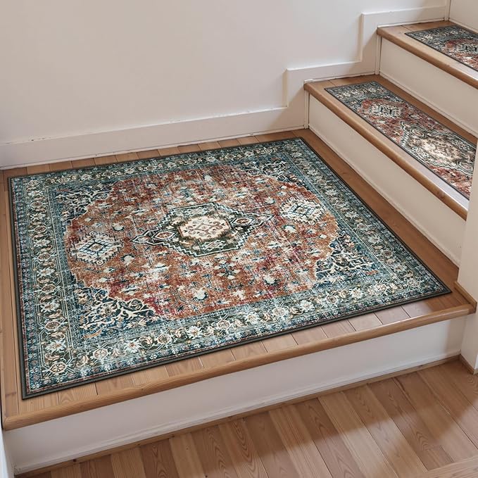 OJIA Non-Slip Stair Treads Matching Mat for Wooden Steps, Square Rubber Backing Anti-Slip Stair Carpet Landing Mat Stair Rugs 31x31 inch Carpet for Stairs, Red