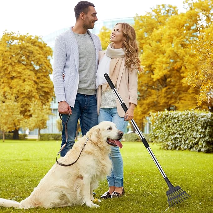 Niubya Pooper Scooper for Dogs, Metal Poop Scooper Tray and Rake Set with Adjustable Long Handle, Dog Pooper Scooper for Pet Waste Removal