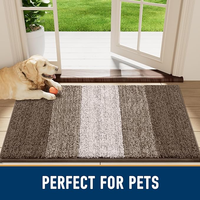 Smiry Dog Door Mat for Muddy Paws, Absorbs Moisture and Dirt, Low-Profile Entryway Mat with Non-Slip Backing, Entry Indoor Outdoor Doormat for Inside Floor (59x35 Inches, Light Brown, Striped)