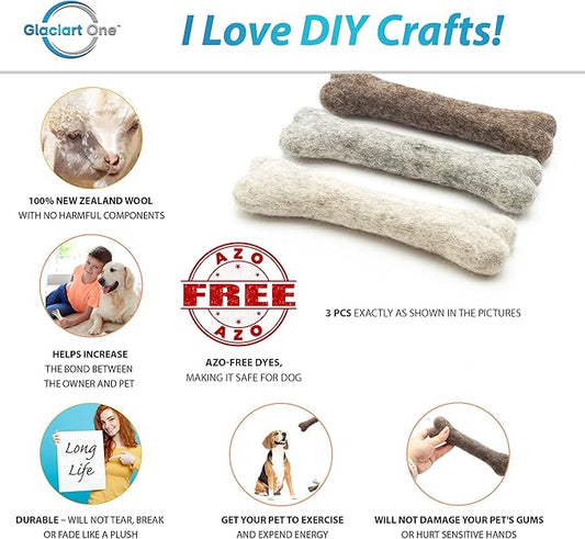 Glaciart One Felted Wool Dog Chew Bone (3 Pcs)| Durable for Puppy Chew for Teething & Dog Teeth Cleaning | Pet Toys Fetch Games & for Anxiety/Boredom | Great for Small or Medium