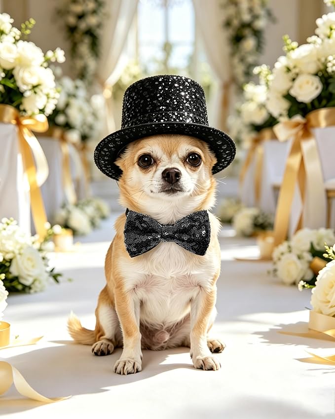 PET SHOW 2 Pack Small Dog Top Hat & Collar Bowtie Black Adjustable Cat Sombrero Hat Formal Bow Tie Halloween Cosplay Costume New Year Pet Birthday Party Holiday Decoration