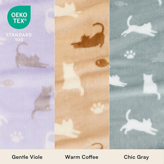 Luciphia 1 Pack 3 Cat Printed Fleece Pet Blankets Washable,Soft Warm Throw Covers for Crate Couch Bed,Cozy Puppy Essentials for Dogs and Cats,Purple/Grey/Khaki, Small (23x16 inch)