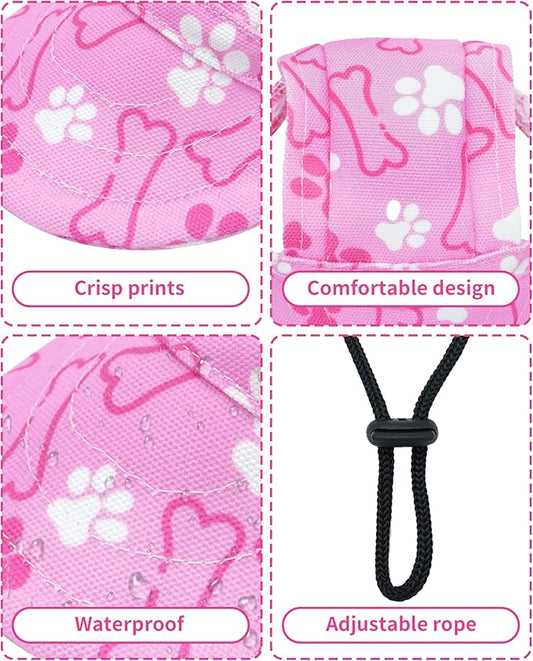 PET SHOW Dog Baseball Cap Paw Print Dog Visors for Small Doggy Cats Waterproof Pet Sun Hats with Ear Holes Adjustable Drawstring Girl Puppy Hat -Pink/XS